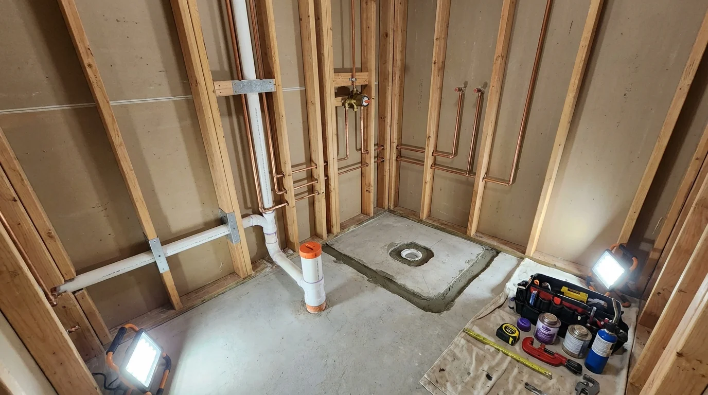 Bathroom rough-in plumbing during remodel by Johns Plumbing LLC in Princeton
