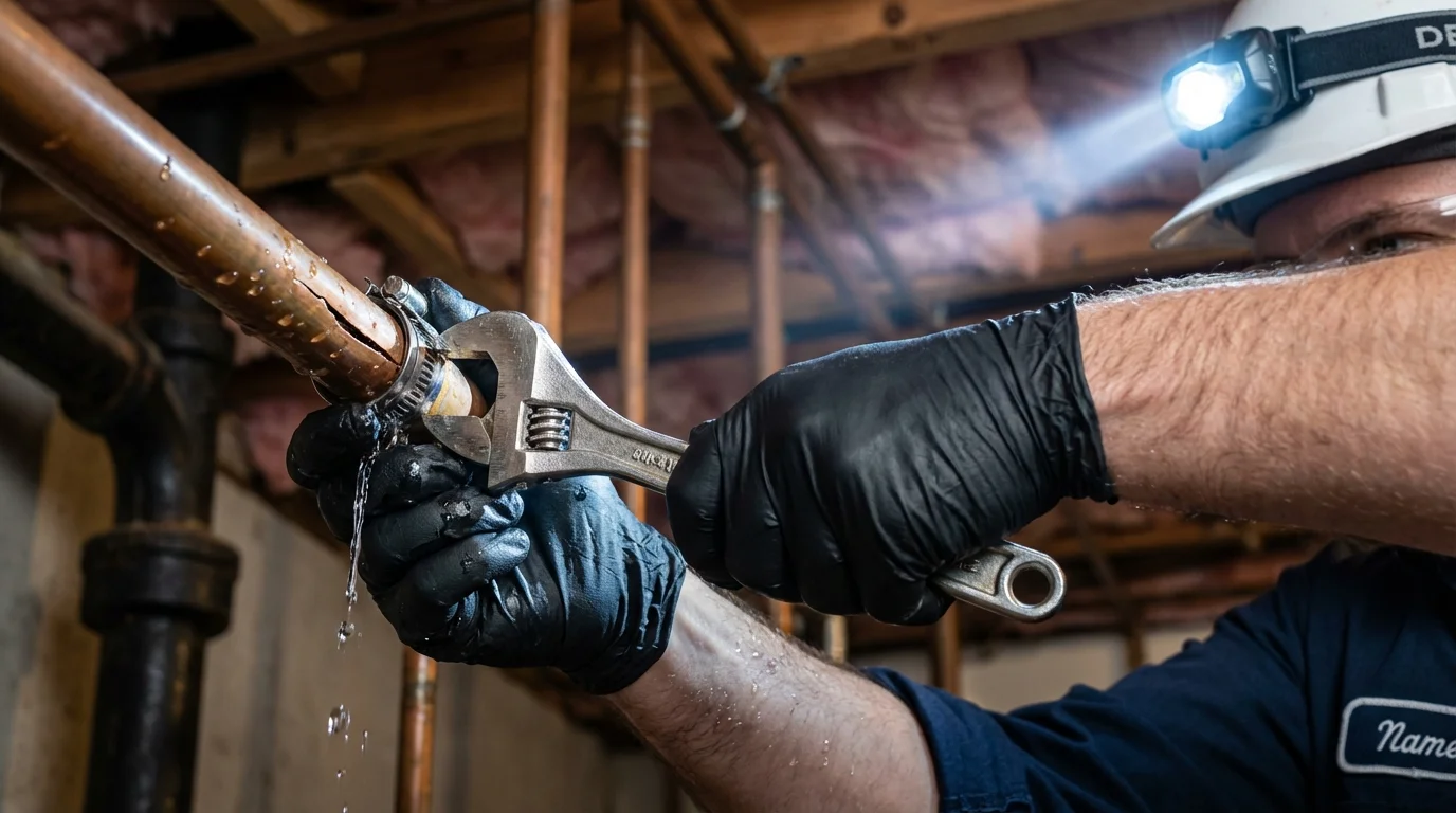 Emergency pipe clamp repair being performed by a Johns Plumbing LLC plumber in Princeton
