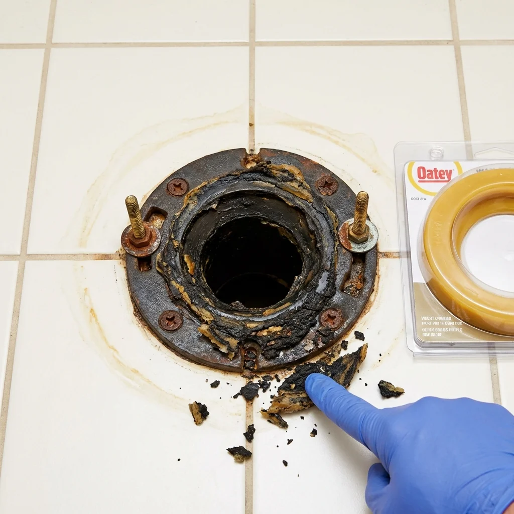 Failed wax ring showing water seepage at the base of a toilet in a Princeton, NJ home