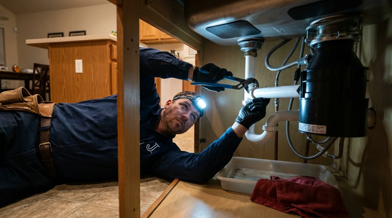 P-trap and supply line connections under a kitchen sink showing a common leak point in Princeton, NJ